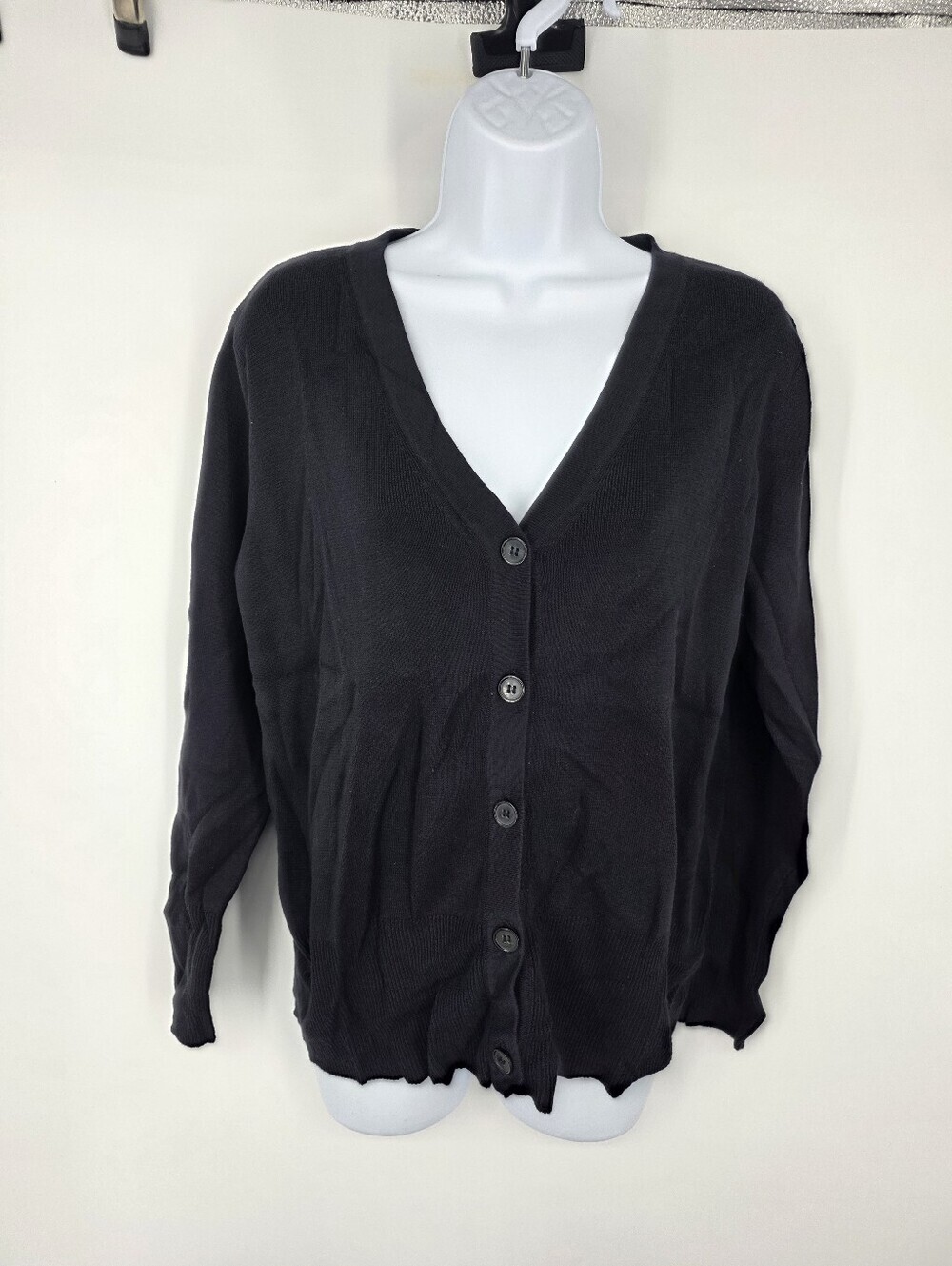 Karen Scott Navy Blue Cotton Knit Button Front V-Neck Cardigan Sweater Medium
